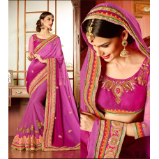 Tantalizing Pink Colored Embroidered Georgette Net Saree